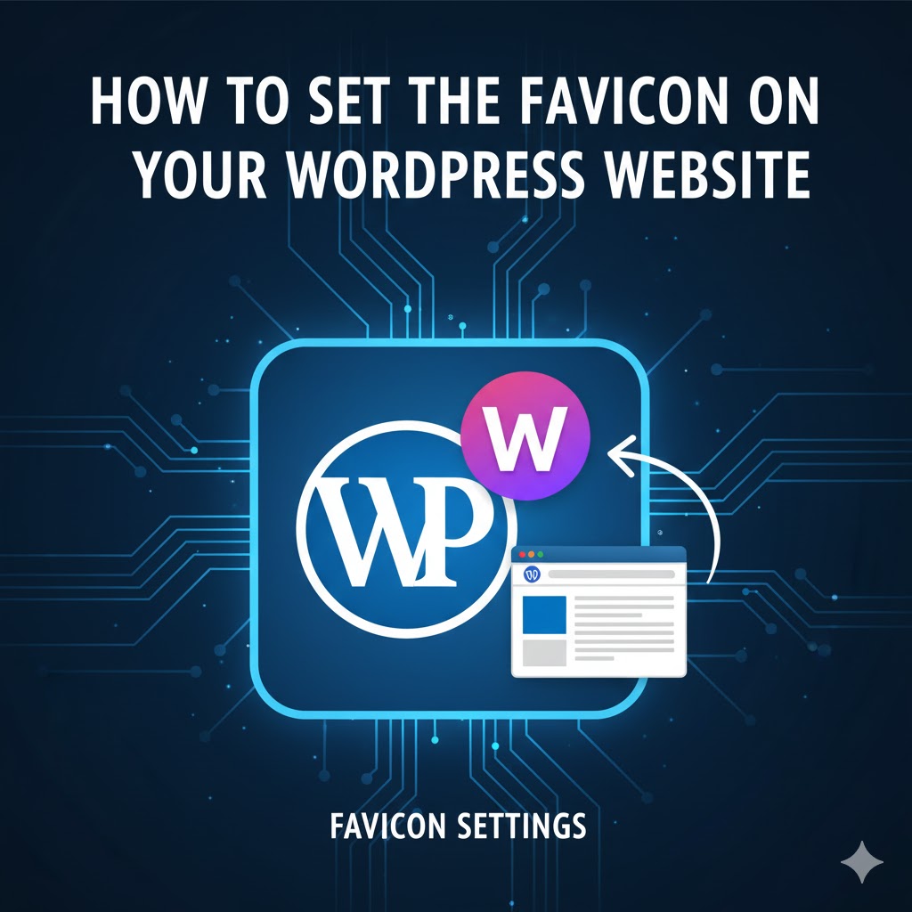 Instructions for setting a favicon on WordPress. Features WP and W icons with a digital circuit background.