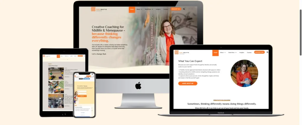 Image displaying multiple devices featuring a coaching website with a smiling person in a blazer and orange shirt, focusing on creative coaching themes.