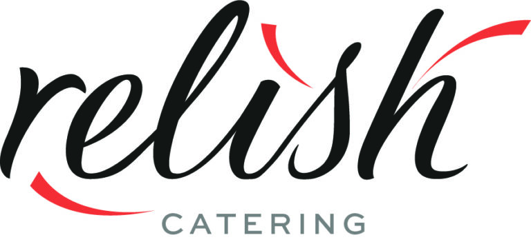 The image features the stylized logo of Relish Catering, with elegant black script and red accents, emphasizing modern and sophisticated branding.