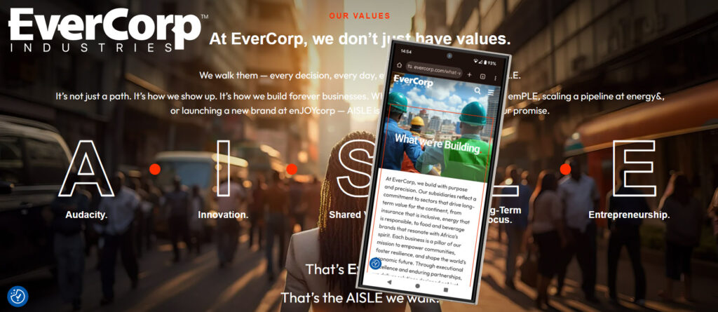 A bustling street scene features numerous people and vehicles. The "EverCorp" overlay emphasizes values of audacity, innovation, shared purpose, and entrepreneurship. A smartphone displays their website.