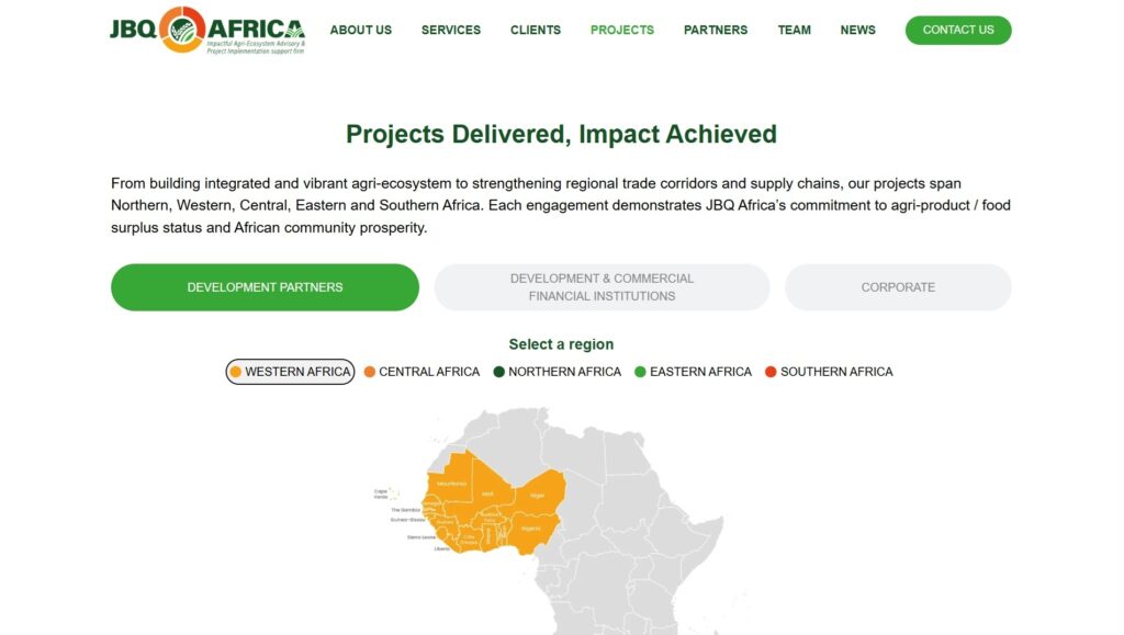 Website screenshot displaying JBQ Africa projects across African regions, with highlighted regions on a map and options to select partners.
