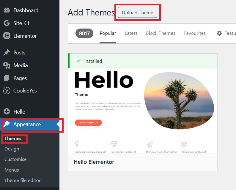 WordPress theme management screen with installed "Hello" theme preview, featuring a desert plant image. Prominent "Upload Theme" and navigation menu visible.