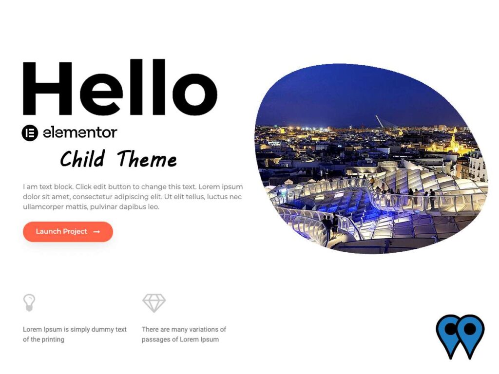 Website template with "Hello Elementor Child Theme" text, featuring Metropol Parasol at night in Seville. Includes placeholder text and "Launch Project" button.
